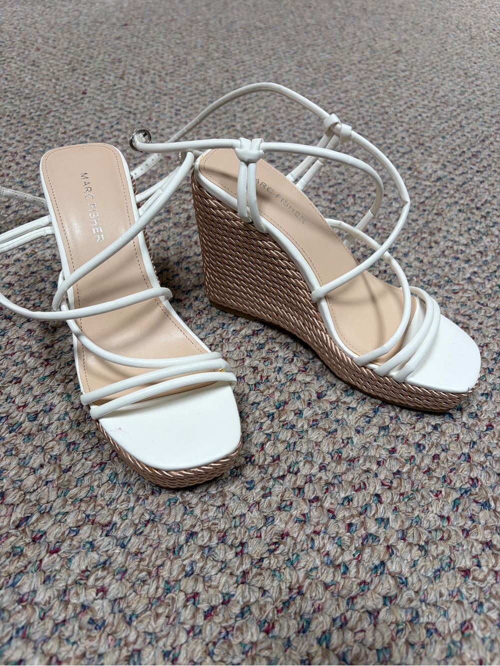 Marc Fisher White Strappy Wedge Sandals with Tan Woven Heel